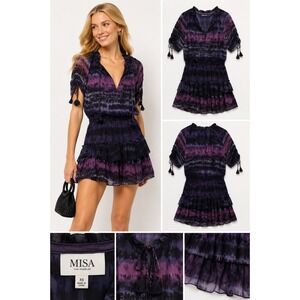 MISA‎ Los Angeles Purple Ikat Smocked Ruffle Mini Dress XS Tassel Sleeve Boho